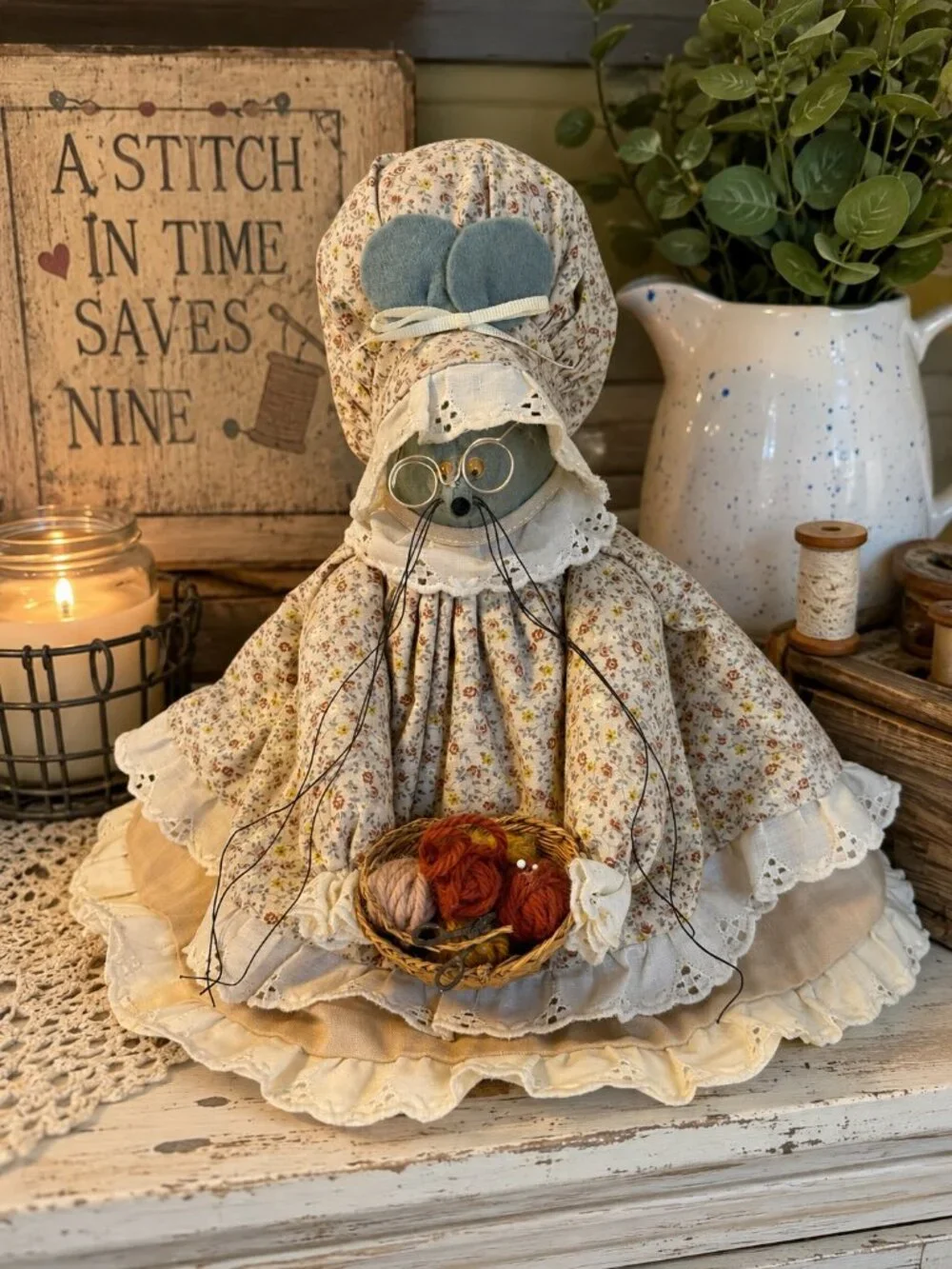 Vintage Handmade Country Grandma Mouse Cloth Doll Shelf Sitter Floral Dress Bask